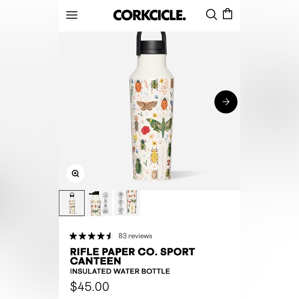 Corkcicle Rifle Paper Co. Sport Canteen - White with Colorful Nature Design - Picture 2 of 5
